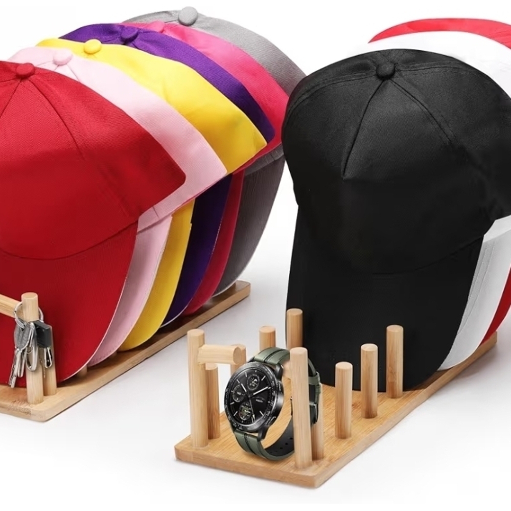 2pc Bamboo Hat Organizer Stand Holds 18 Baseball Caps Free Standing Wood Rack